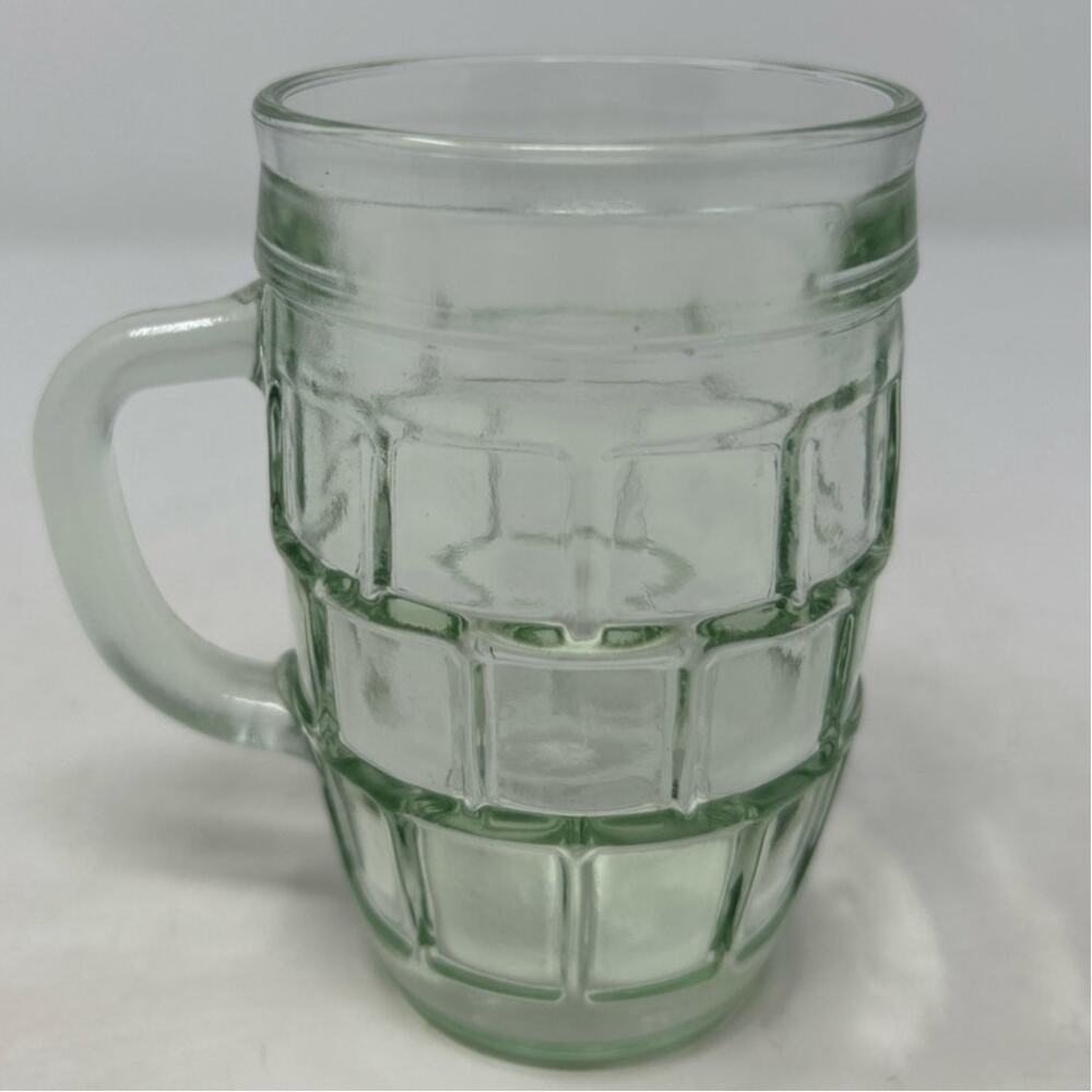 Vintage‎ Barrel Beer Glass Light Green Tint with Handle 4" Tall x 2 1/2" Wide